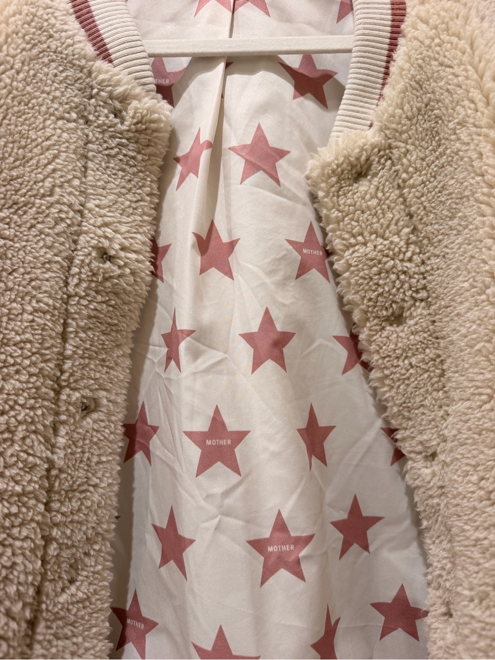 MOTHER Cream Sherpa Bomber Jacket with Pink-Striped Trim - Picture 3 of 7